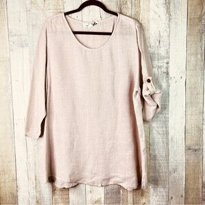 Caroline Rose Linen 1X Tan Crewneck Tabbed Short Sleeve Tunic Top Lagenlook